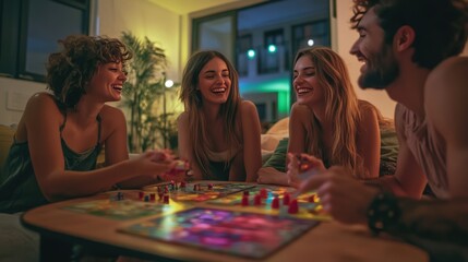 Fototapeta premium Friends Playing A Board Game Together At Night