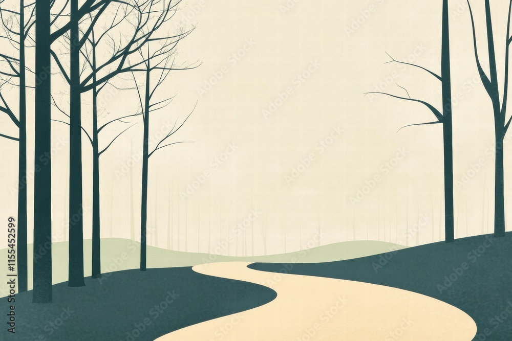 Poster Minimalist forest path invites exploration through serene landscapes and open space for creative expression. Generative AI