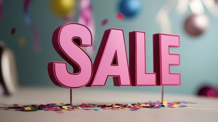A pink sign that says Sale is on a table with confetti