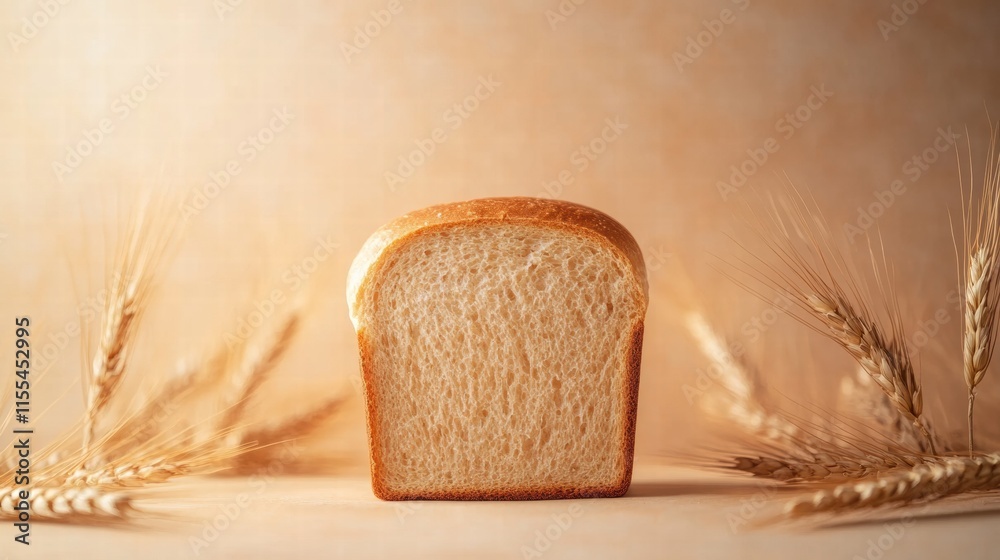 Poster Minimalist bread loaf surrounded by wheat grains with space for text on a warm background. Generative AI
