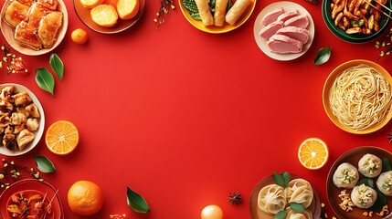 Fototapeta premium Delicious asian feast display kitchen table food photography bright red background overhead view culinary art