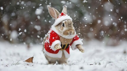 Miniature rabbit dressed as santa claus after a snowfall