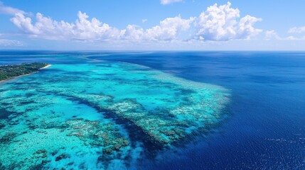 A drone shot of the vast blue ocean meeting the horizon.
