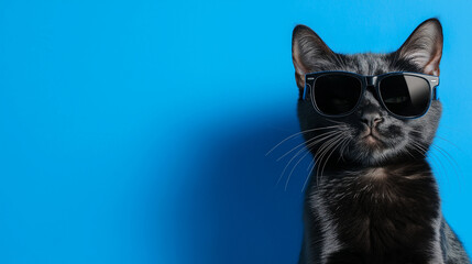 black cat in sunglasses on a blue background