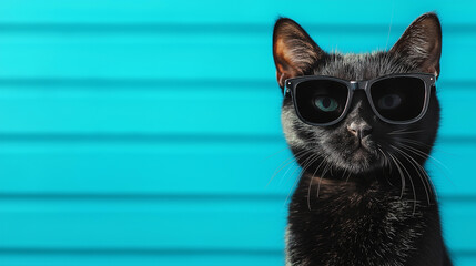 black cat in sunglasses on a blue background