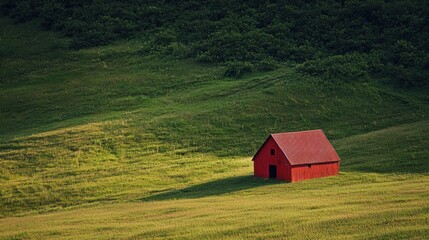 A classic red barn in the middle of a green field.