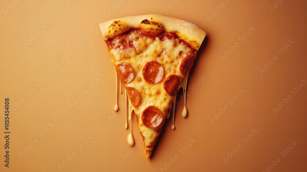 Aufkleber delicious pizza slice with stylized toppings and cheese drips on a minimalist background for food pr