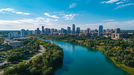 Panoramic Cityscape along River with Urban Skyline and Blue Sky on a Sunny Day : Generative AI