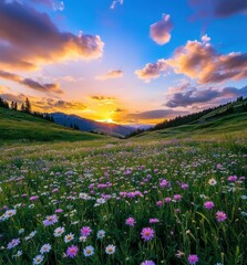 Obraz premium Vibrant Meadow at Sunset with Colorful Wildflowers, Majestic Mountains and Cloudy Skies in the Background, Perfect for Nature and Landscape Photography