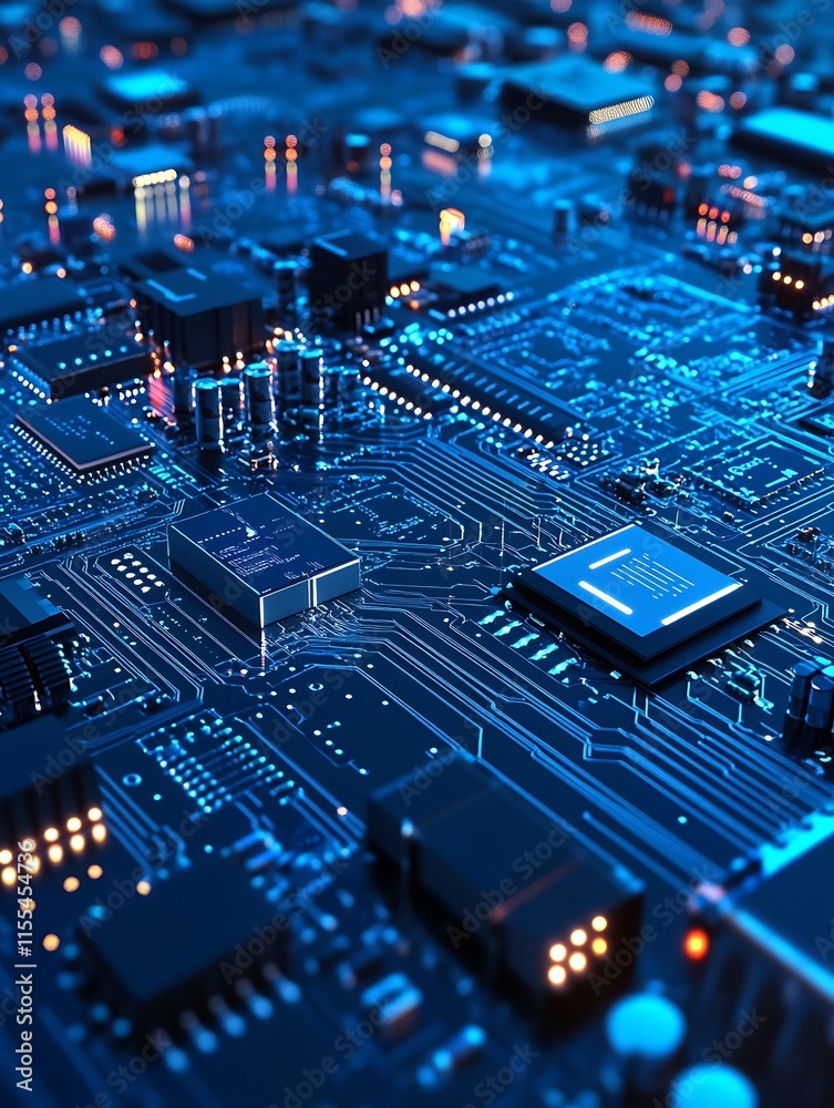 Leinwandbilder closeup of modern computer microchips on circuit board technology illustration : generative ai