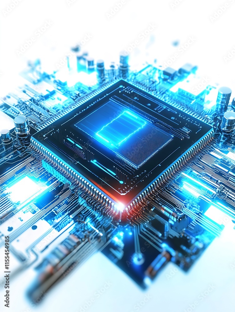 Poster Futuristic Blue Circuit Board Design Showcasing a Centralized Illuminated Processor Chip : Generative AI