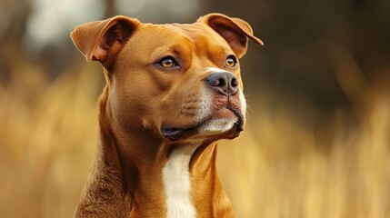 Majestic Pitbull Dog Standing Proudly In A Golden Field With Intense Gaze : Generative AI