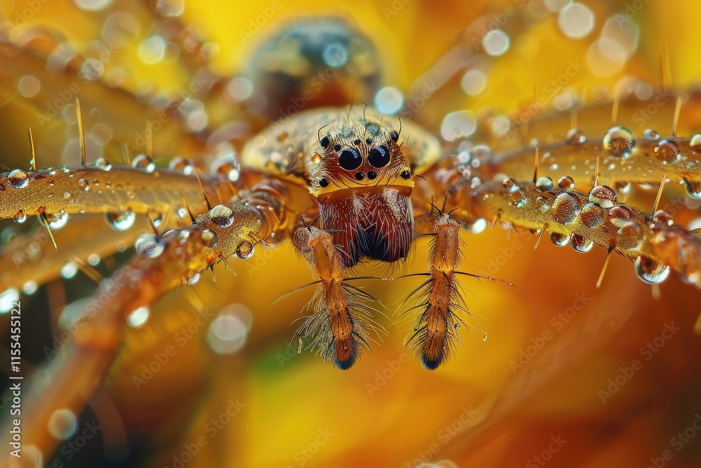 Poster Close-up view of a colorful spider displaying intricate details and droplets of water on its body in a natural outdoor setting during daylight
