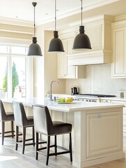 Luxury Kitchen with Island Seating and Sleek Pendant Lighting Fixtures : Generative AI