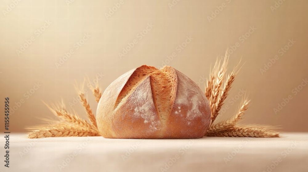 Aufkleber Minimalist loaf of bread surrounded by wheat grains on a neutral background for creative design and text placement. Generative AI