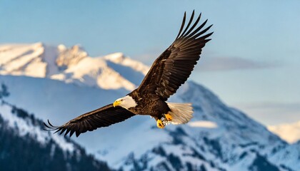 Majestic Bald Eagle Soaring Over Snow-Capped Mountains at Dusk