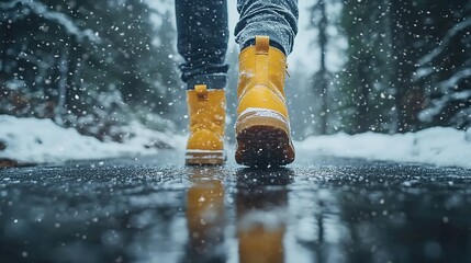  A person wearing yellow boots stands on the wet road, surrounded by snow-covered trees and a cloudy sky.