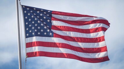 Obraz premium A close-up view of the American flag waving gracefully, showcasing its stars and stripes with crisp details and vibrant colors
