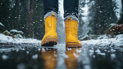  A person wearing yellow boots stands on the wet road, surrounded by snow-covered trees and a cloudy sky.