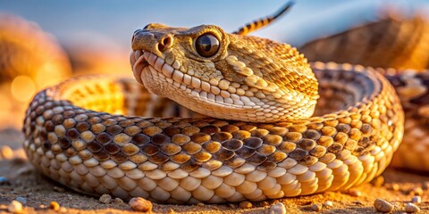 Fototapeta premium Desert Reptile Close-Up: Eye-Level View of Southwestern Diamondback Rattlesnake