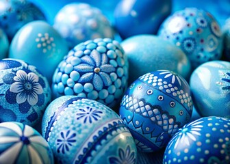 Fototapeta premium Easter Eggs Close-Up: Pastel Blue Egg Background, Cute Patterns, Action Shot