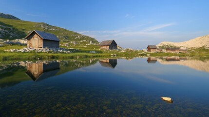 Obraz premium Serene Mountain Lake with Wooden Cabins