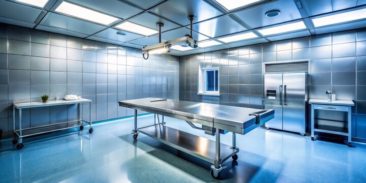 Empty Autopsy Room: Forensic Pathology Metal Table - Wide Angle Stock Photo