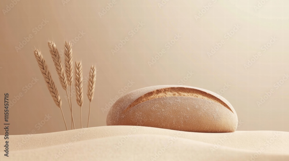 Leinwandbilder minimalist bread loaf with wheat grains placed on a soft surface inviting creative text placement. g