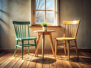 Eye-Level Still Life: Two Chairs, Table, Rustic Interior, Cozy Room, Home Decor