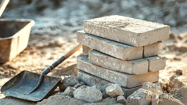 Cinder Blocks and Wheelbarrow at Construction Site Corner