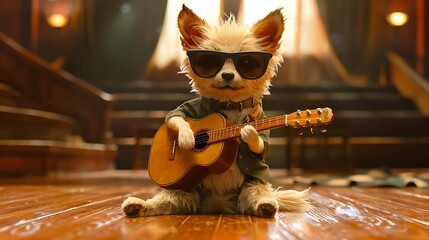 On the dance theater stage a sunglasses wearing chihuahua dog is strumming a guitar