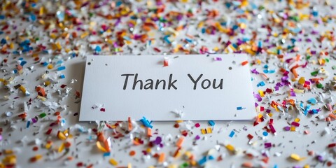 Thank you card amidst colorful confetti celebration