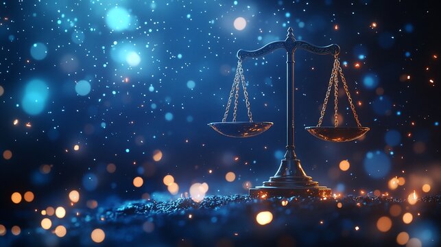 A balance scale illuminated with bokeh lights, symbolizing justice and fairness.