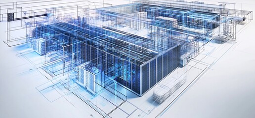 3D blueprint of a data center showcasing modern technological infrastructure.