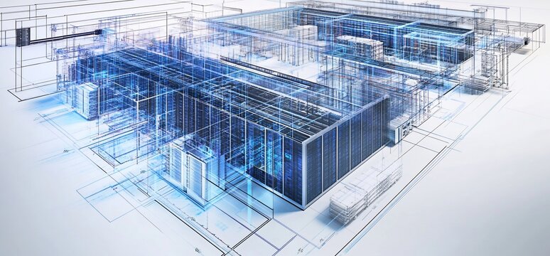 3D blueprint of a data center showcasing modern technological infrastructure.