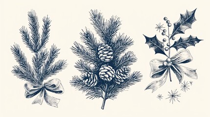 Festive Holiday Sketch of Fir Branches, Pine Cones, and Holly | Christmas Plants Image