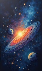 A vibrant cosmic scene depicting a swirling galaxy with glowing stars and orbiting planets, perfect for projects in science, education, or creative design.