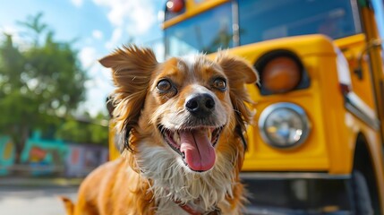 Petting an excited dog in front of a yellow school vehicle on a beautiful day