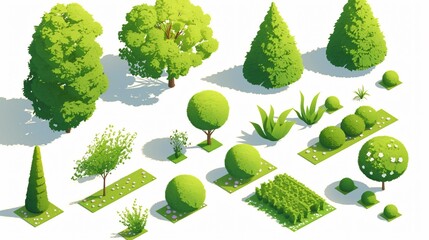3D Isometric Vector Park Garden Trees Bushes