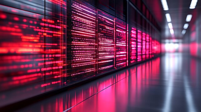 Red illuminated server room corridor with data streams displayed on racks.