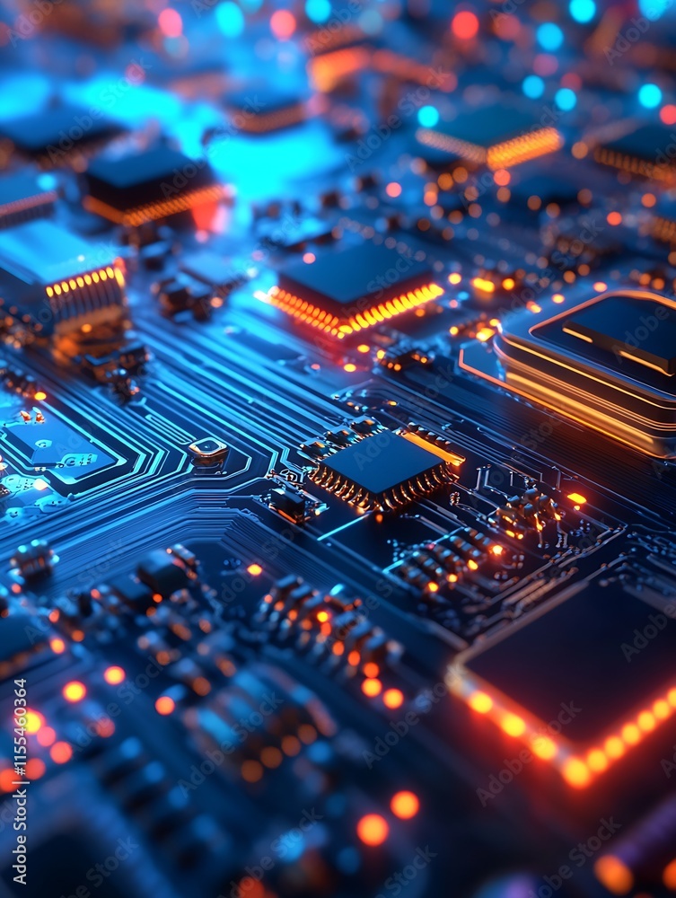 Poster futuristic microchip circuit board with glowing orange and blue lights : generative ai