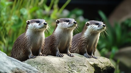 Obraz premium Three Curious Otters on Rock Observing Surroundings : Generative AI