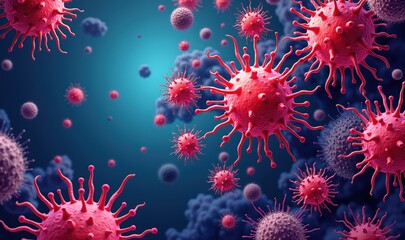 Obraz premium Vivid, high-detail illustration of viruses in a blue background, perfect for health, science, and educational projects.