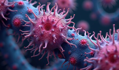 Vibrant close-up of virus-like structures, highlighting intricate details and textures, suitable for scientific, medical, or educational uses in digital and printed media.