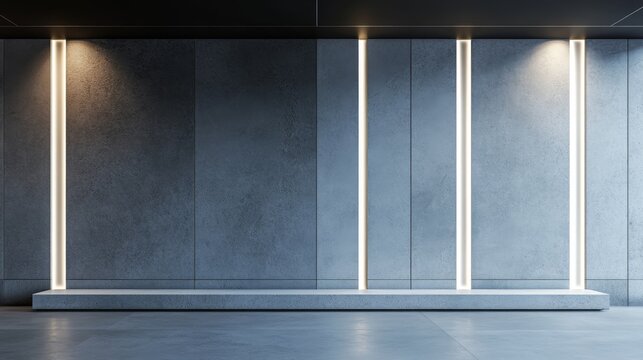 A minimalist interior space with illuminated vertical panels and a sleek bench. - Powered by Adobe