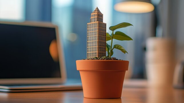 A small model skyscraper sprouts from a terracotta pot, alongside a vibrant green plant. A blurred laptop sits in the background.