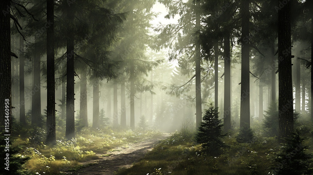 Poster tranquil forest pathway with misty sunlight through tall trees : generative ai