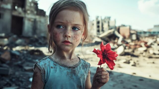 Dirty child holding red flower in war zone, conceptual portrait in a destroyed urban landscape.
