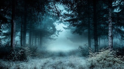 Obraz premium Mystical Foggy Forest with Mist Enveloping the Trees and a Sense of Enchantment and Mystery : Generative AI