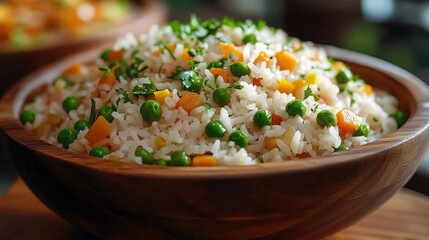  In the photo, there is a wooden bowl filled with fluffy white rice that has been mixed with green peas and orange carrots.